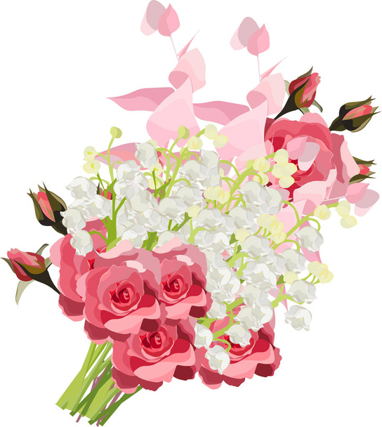Ilustracja rysunek kwiat - lilia z doliny, różowy, czerwony i biały róż, gałąź eukaliptusa. Projekt wesela: zaproszenia, karty, projekt tła. - Wektor, obraz