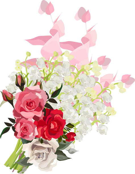 Květinová kresba ilustrace - lilie údolí, růžové, červené a bílé růže, eukalyptová větev. Svatební design: pozvánky, pohlednice, podkladový design. - Vektor, obrázek