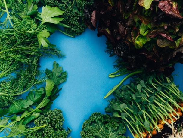 Koper pietruszka mangold mikro zielone szalotki na niebieskim tle. Odżywcze zieleniny bogate w witaminy, przeciwutleniacze, błonnik - Zdjęcie, obraz