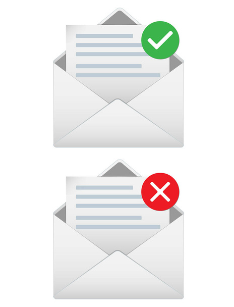 Open envelope icons with few paragraphs , green checked sign and red denial mark. Successfully and unsuccessfully sent message illustration, eps 10 - Вектор, зображення