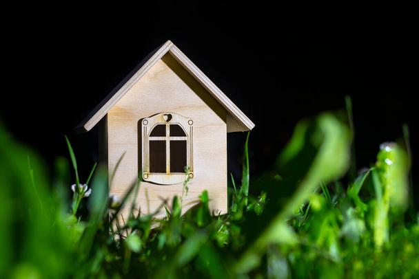 Nacht. Auf dem grünen Rasen steht ein Spielzeughaus aus Holz. Nahaufnahme. - Foto, Bild