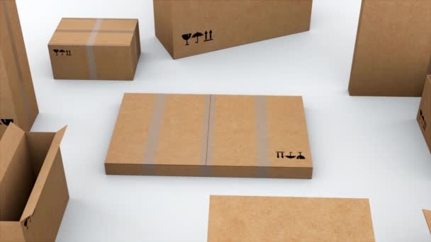 Kartonnen doos voor het verzenden van verschillende producten, computer gegenereerd. Het concept van veilig goederenvervoer. 3d weergave van de technologische achtergrond - Video