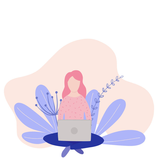 Chica bloguera, mujer autónoma. Sitio web de canal de vídeo, nueva tecnología de contenido. Blogging ilustración vectorial en miniatura
. - Vector, imagen