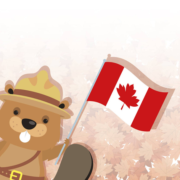 Kanadský bobr s kloboukem a vlajkou šťastný kanadský den vektorový design - Vektor, obrázek