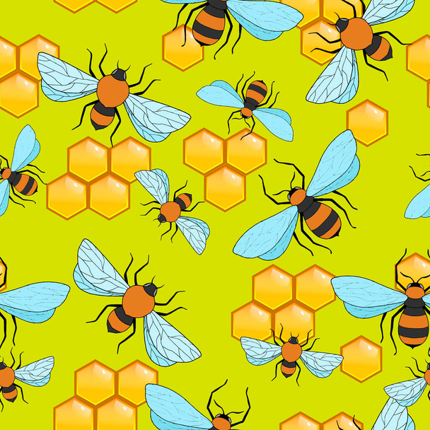 nahtloses Muster mit Bienen, Ornament für Tapete und Stoff, Packpapier - Vektor, Bild