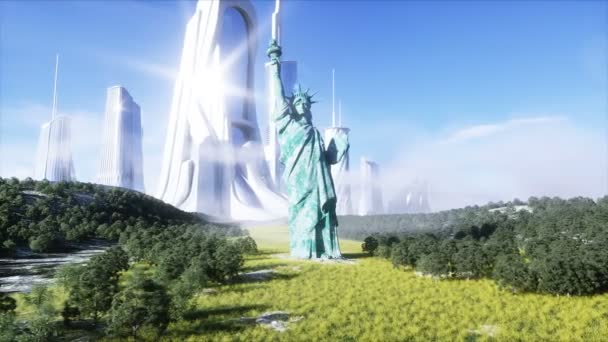 futuristic city and statue of liberty. Future concept. Aerial view. Realistic 4k animation. - Video