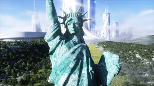 futuristic city and statue of liberty. Future concept. Aerial view. Realistic 4k animation. - 映像、動画