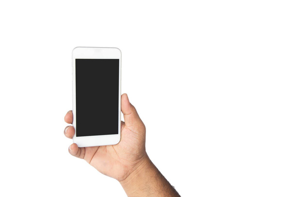 Hand holding smart phone with blank screen on white background - Fotografie, Obrázek