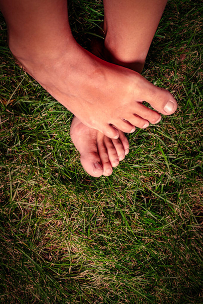 Feet in grass on meadow crossed over each other - 写真・画像