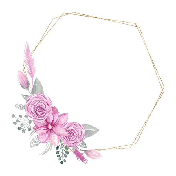 Geometric gold frame with flower arrangement Pink Magnolia Rose bouquet with leaves and branches isolated on a white background - Photo, Image