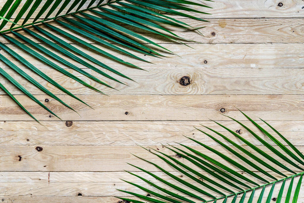 Bovenaanzicht palmblad op houten tafel en boomframe met kopieerruimte. - Foto, afbeelding