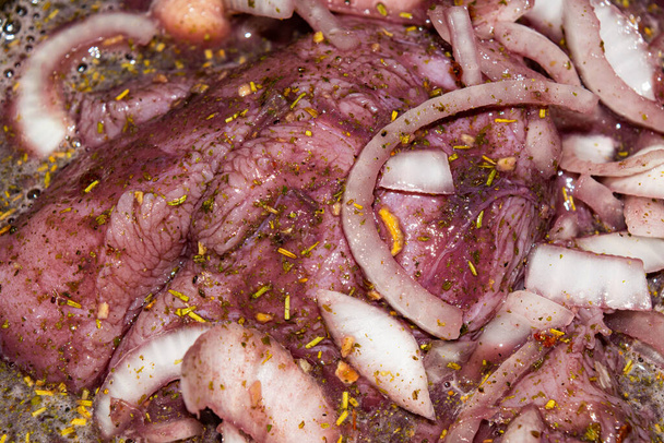 Carne di tacchino tagliata a pezzi e marinata nel vino rosso con cipolle e spezie. Primo piano, texture superficiale - Foto, immagini