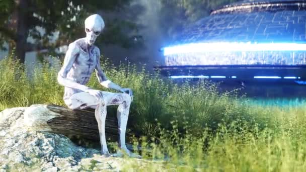 Αστείος εξωγήινος που κάθεται στο δάσος. Ρεαλιστικό animation 4k. - Πλάνα, βίντεο