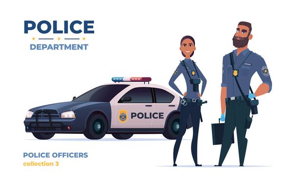 Cartoni animati agenti di polizia uomo e donna squadra. Agenti di pubblica sicurezza con auto della polizia. Guardiani dell'ordine pubblico
. - Vettoriali, immagini