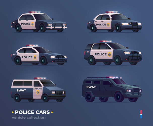 Sammlung von Polizeiautos verschiedener Art. Stadtpolizeiauto, Transporter, Geländewagen, Verfolgungsjagd und Swat-Truck - Vektor, Bild