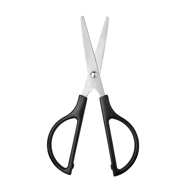 Silver metal open scissors with black plastic handles on white background isolated close up, steel cutting tool for paper, fabric clippers, haircut shears, tailor pair of scissors, nobody - Photo, Image