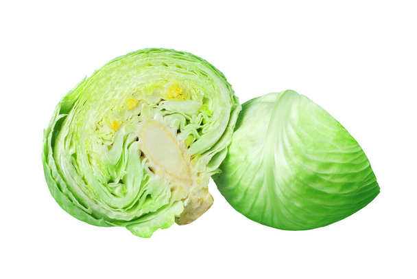Two green leafy cabbage halves on white background isolated close up, cutted pieces of ripe white cabbage head, fresh sliced vegetable design element, organic product illustration, studio shot - Photo, Image