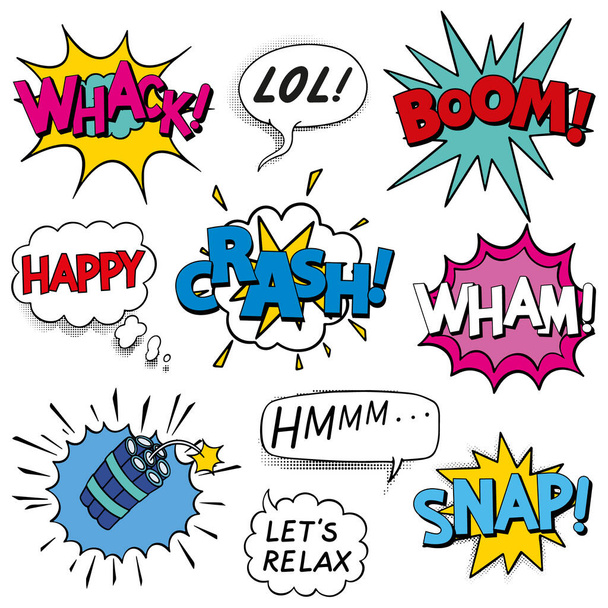 Stripboek Speech Bubbles Pop Art stijl. Comic cartoon uitdrukking geluiden illustratie - Vector, afbeelding