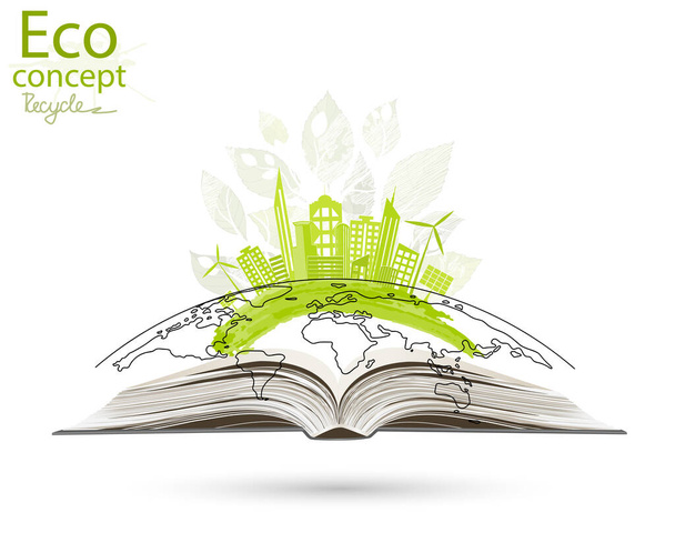 オープンブック上の都市。環境に優しい世界。生態学のベクトルイラスト情報グラフィックの概念.アイコン。環境に優しい世界。ミニマルなスタイル。緑. - ベクター画像