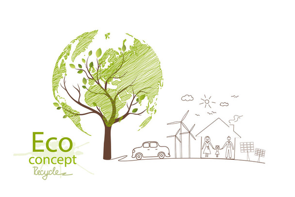 Environmentally friendly world. Ecological history concept of a happy family. Eco friendly. Scribble. Black line. Doodle Minimal style.Vector handwriting illustration.  - Vector, Image