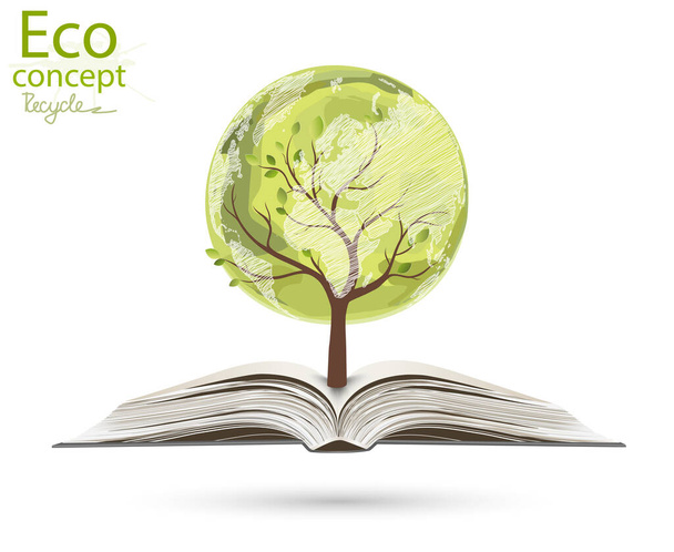 Baum in Form einer Weltkarte, der aus einem offenen Buch emporragt. Baum mit Globus auf dem Buch. Umweltfreundliche Welt. Kreative Zeichnung ökologischer Konzepte. Glückliche Familiengeschichten.  - Vektor, Bild