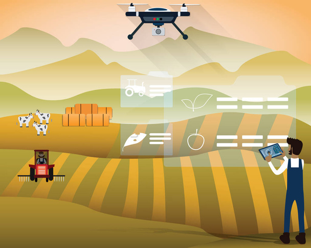 Επίπεδη σχεδίαση της έξυπνης έννοιας αγρόκτημα, Αγρότης χρησιμοποιώντας drone watching plant στο αγρόκτημα του, Γεωργική τεχνολογία, διανυσματική απεικόνιση - Διάνυσμα, εικόνα