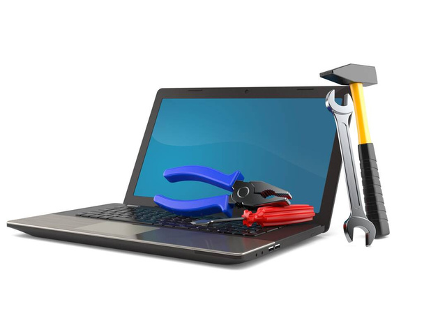 Laptop met werktuigen geïsoleerd op witte achtergrond. 3d illustratie - Foto, afbeelding