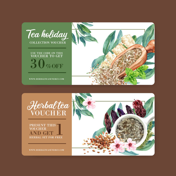 stílusos gyógynövény tea utalványok sablon design szöveggel, vektor illusztráció - Vektor, kép