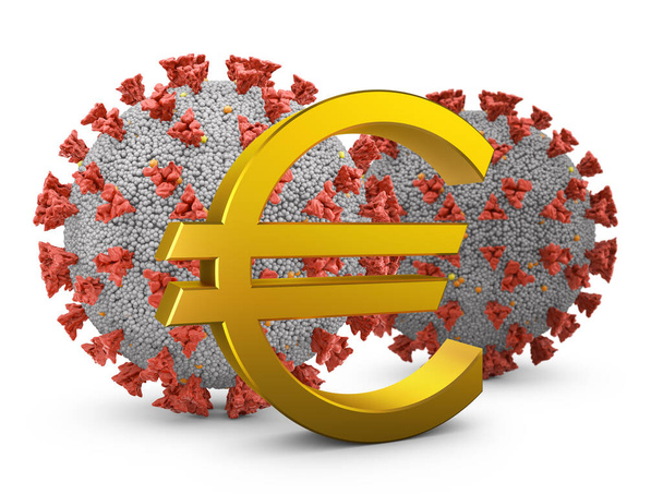 Gouden euro teken en coronovirus cellen. 3d renderen. - Foto, afbeelding