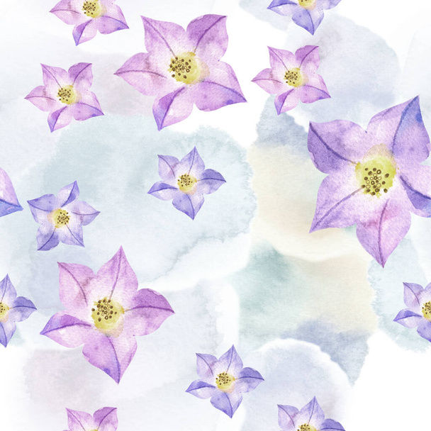 Floral seamless pattern with bluebell flowers in watercolor style. Hand drawn illustration for textile, paper, decoration and wrapping - Photo, Image