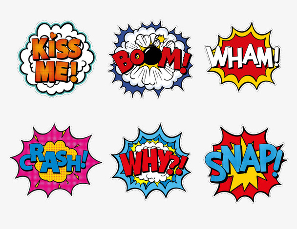 Sammlung von bunten Comic-Soundeffekten mit Wort Kiss me, boom, wham, crash, what, snap - Vektor, Bild