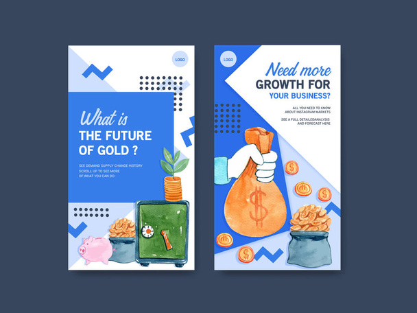 お金、通貨、現金の水彩イラストと金融Instagramのデザインテンプレート. - ベクター画像