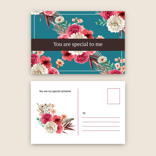 stílusos virágok képeslap sablon design szöveggel, vektor illusztráció - Vektor, kép