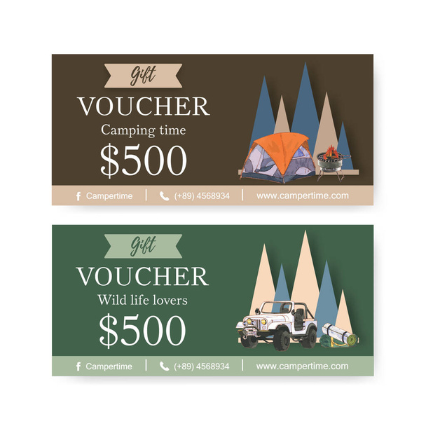 design de modelo de vouchers de acampamento elegante com texto, ilustração vetorial
 - Vetor, Imagem