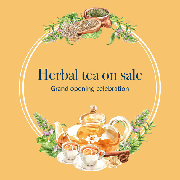 κομψό βότανο τσάι στεφάνι πρότυπο σχεδιασμό με κείμενο, διανυσματική απεικόνιση - Διάνυσμα, εικόνα