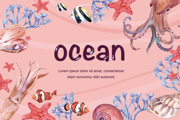 стильный дизайн морской жизни с текстом, векторными иллюстрациями - Вектор,изображение