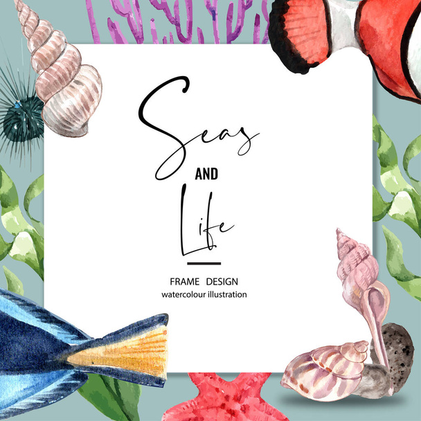 stílusos tengeri élet sablon design szöveggel, vektor illusztráció - Vektor, kép
