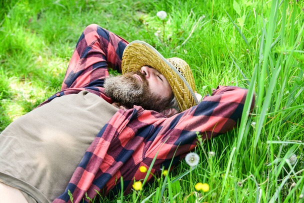 Countryman on green meadow. protect green environment. Agriculture farmer rest after day work. Worker in rural farm. farmer relax on green grass. Ecology concept. Green field in summer - Photo, Image