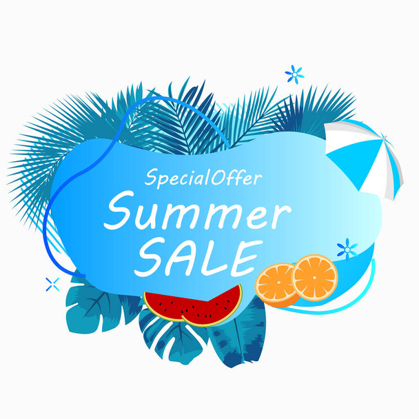 különleges ajánlat nyári eladási plakát illusztráció trópusi virágos keret és gradiens folyékony formában reklám és a közösségi média promóció - Vektor, kép