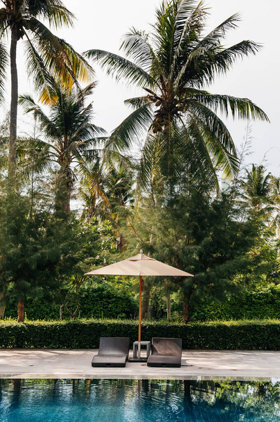 Krabi, THAILAND - Resort pool in tropical coconut garden, umbrellas and pool beds, Koh Lanta tropical resort outdoor space in summer - Fotoğraf, Görsel