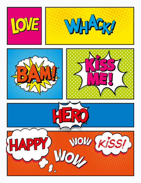 Sarjakuvasivu. Sarjakuplia. Strip tausta eri värikkäitä paneeleja. Comic äänitehoste puhekupla - Vektori, kuva