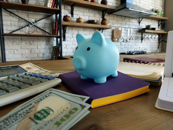 Home finances and savings concept. Blue piggy bank and cash. - Valokuva, kuva