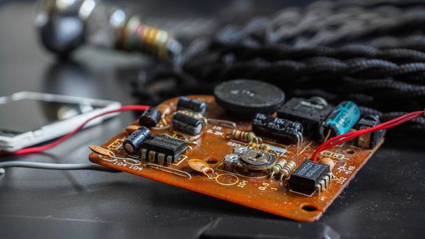 electric microcircuit on a board with wires - Photo, Image