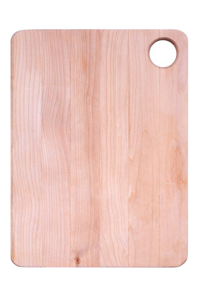 Houten snijplank op witte achtergrond geïsoleerd van dichtbij bovenaanzicht, een leeg houtsnipbord, lichtbruin hout, natuurlijk boomkeukengerei ontwerp, keukengerei voor levensmiddelen, kopieerruimte, studio-opname - Foto, afbeelding