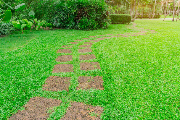 正方形のカーブパターンの歩道公共公園内の側に新鮮な緑の芝生の庭、滑らかなカーペットの芝生と女性の手のひらと低木にラテライトのステッピング石 - 写真・画像