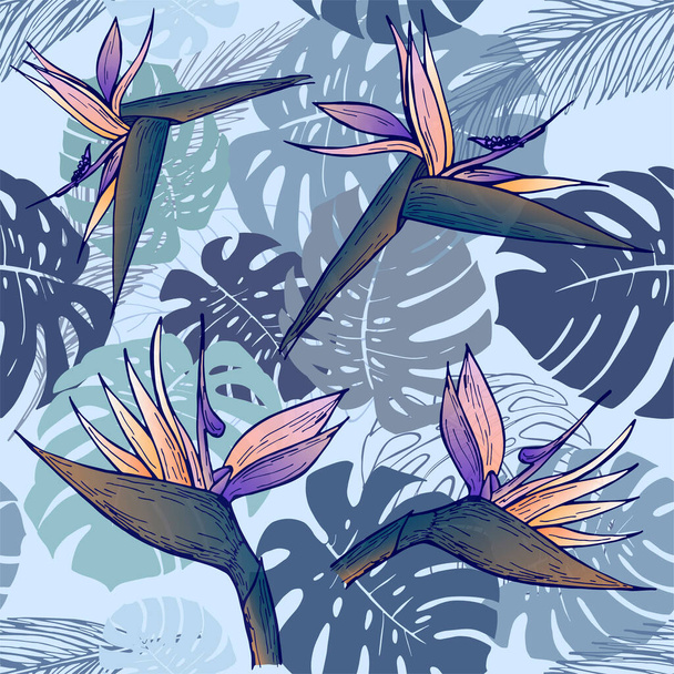 Strelitzia and monstera leaves on gray background. Seamless pattern. Vector illustation. Perfect for printing on fabric, paper for scrapbooking, gift wrap and wallpaper. - Vettoriali, immagini