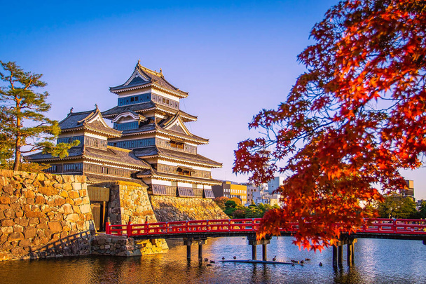 Matsumoto Castle with maple leaves in autumn in Nagano, Japan - Photo, Image