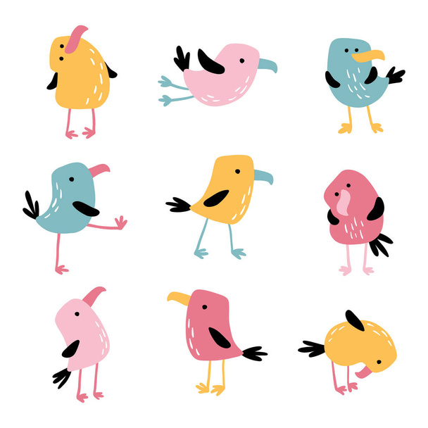 Tropical funny birds. Vector colorful parrots in simple flat hand-drawn cartoon style. Colorful isolate characters on a white background. - Vettoriali, immagini