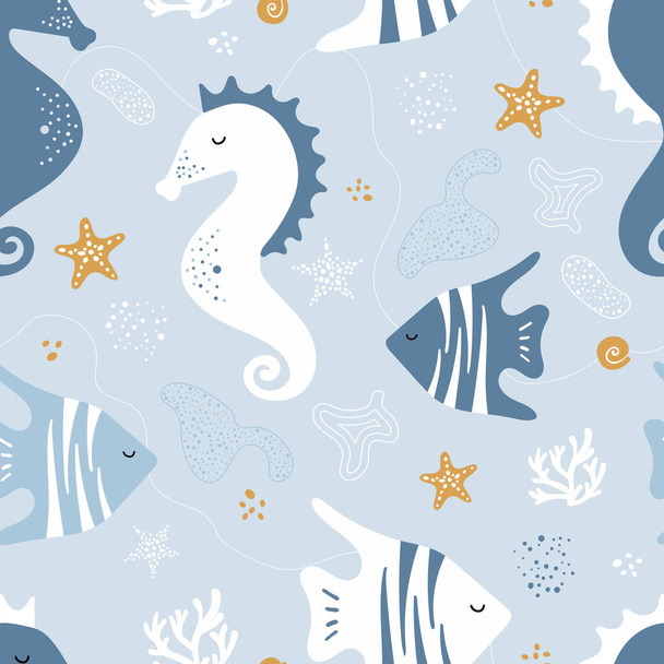Seamless pattern with sea horses, fish. Vector background. Cute blue animals in the sea, starfish, waves. For printing on fabric, wallpaper in the children's room, paper, clothes, textiles. - Vektor, obrázek