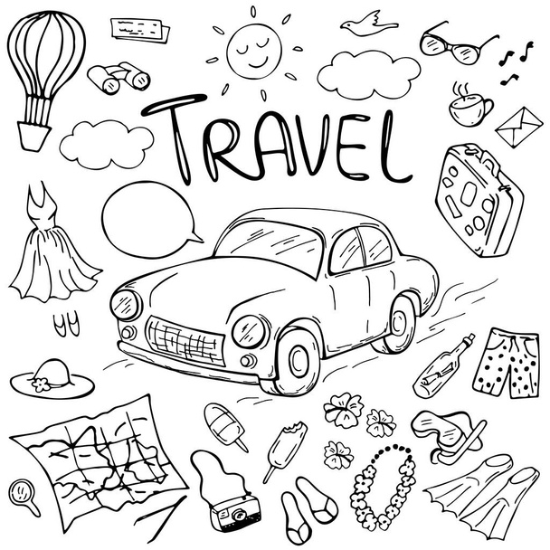 Set of summer doodles isolated on white. Travel and vacation emblems and symbols. Vector illustration. Perfect for greeting card, postcard, print, coloring book. - Vektor, Bild